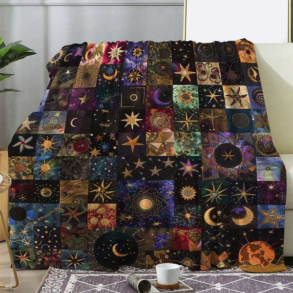 Star And Moon Pattern Patchwork Flannel Blankets & Throws Sofa Towel Soft Comfortable Throws Blankets Birthday Gifts Family Holiday Daily Couple Party Anniversary Wedding Souvenir Halloween Christmas Graduation Season Thanksgiving Bed Sofa