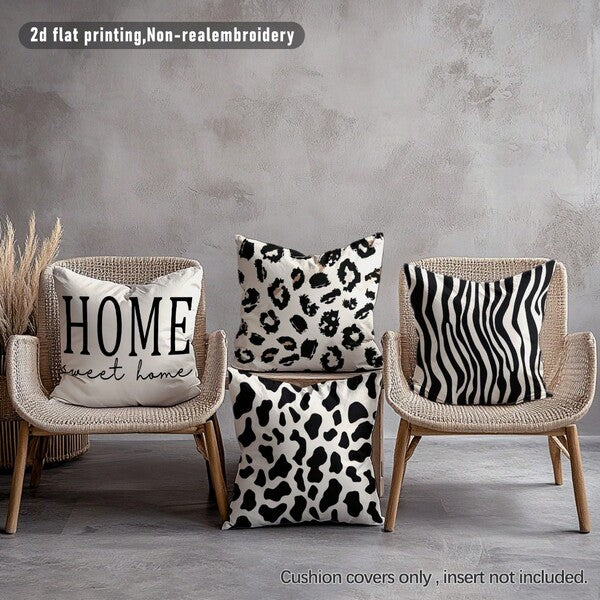 4pcs Black And White Animal Print HOME Text Cushion Covers, Single-Sided Printed Skin-Friendly Peach Skin Velvet Material, 45*45CM Pillowcases Suitable For Indoor Decor Party Decoration, Decorative Cushion Covers Gift